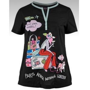 Women Koi by Kathy Peterson Travel themedBlack Scrub Top sz Small